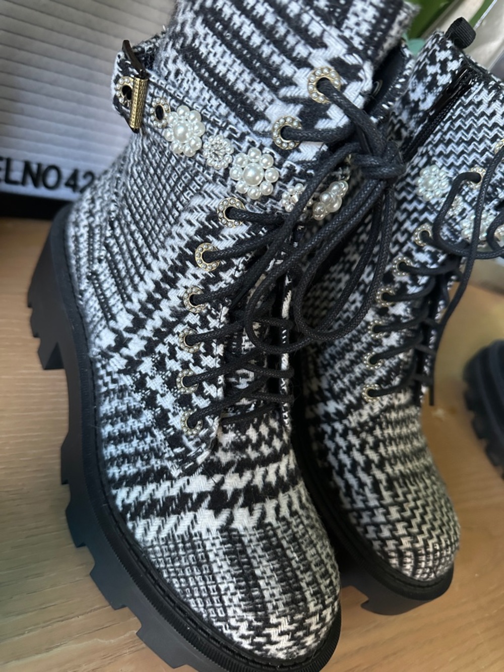 Betsey Johnson Black & White Tweed Lace-Up Combat Boots with Pearl Chain - Picture 2 of 4